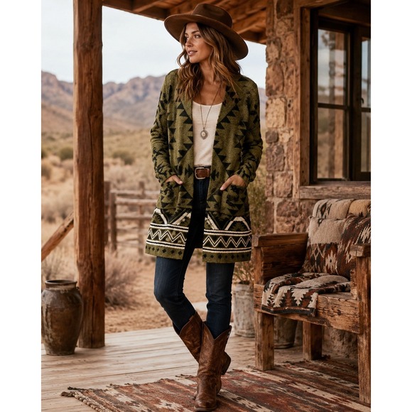 Frye Sweaters - Frye Womens Southwestern Geometric Open Front Cardigan Olive Green Size S